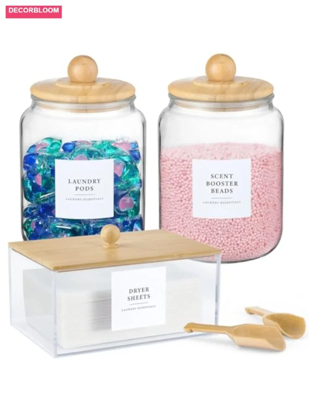 Glass Jars & Dryer Sheet Holder with Bamboo Lids, Laundry Room Storage Set